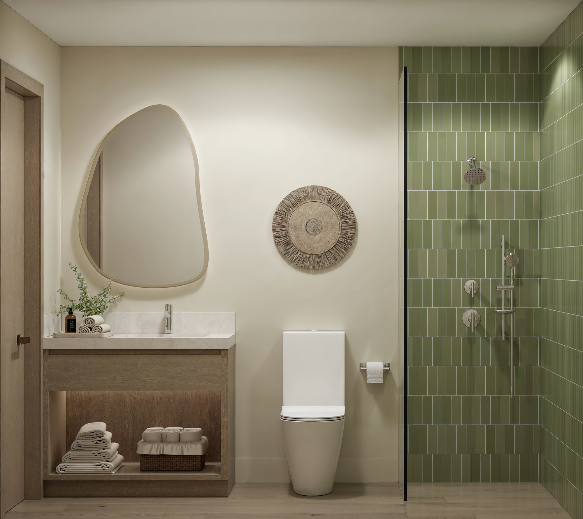 Spa-inspired bathroom with Kohler fixtures, frameless glass shower, and Italkraft vanity.