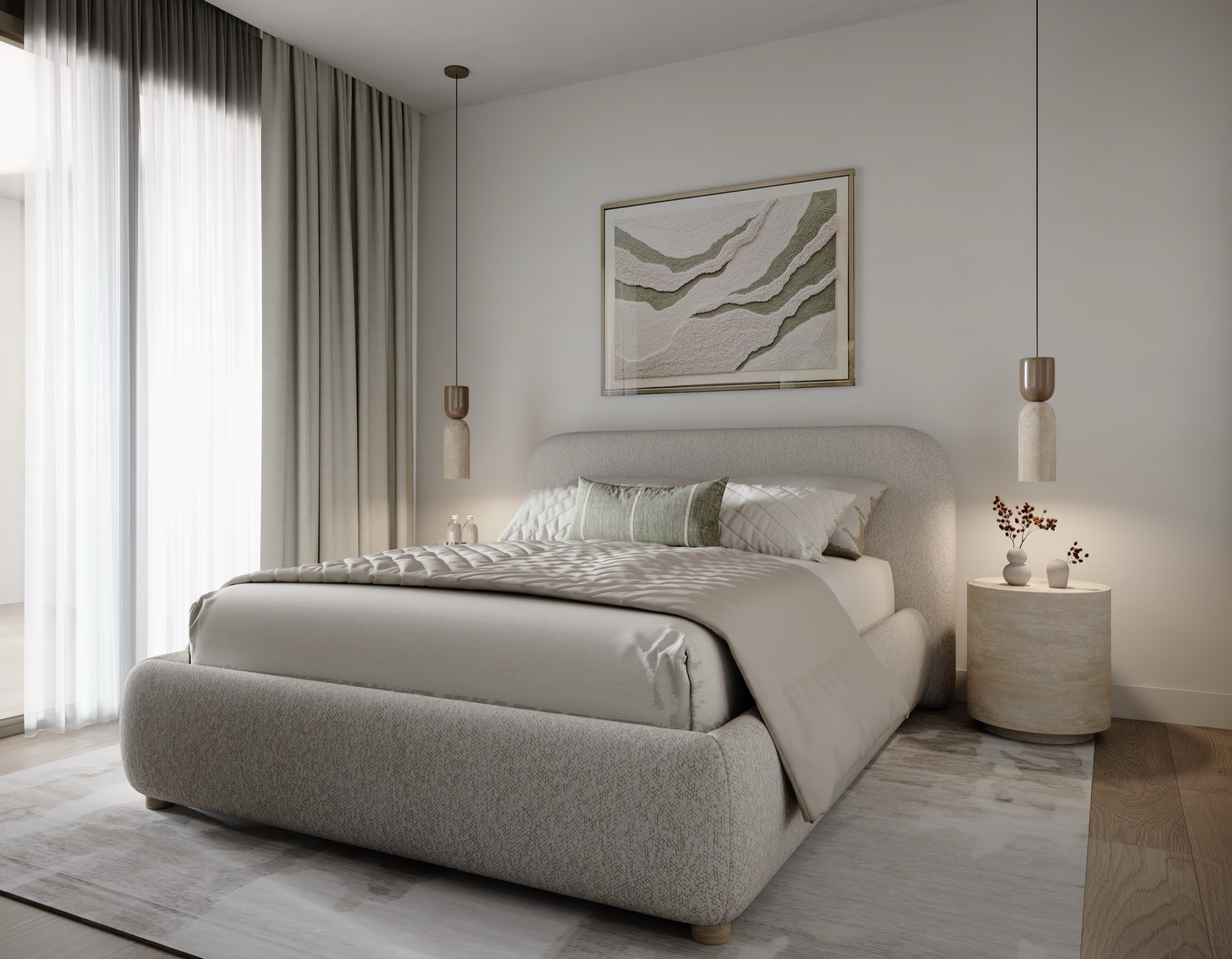 Primary bedroom with park views and a complete modern furniture package.