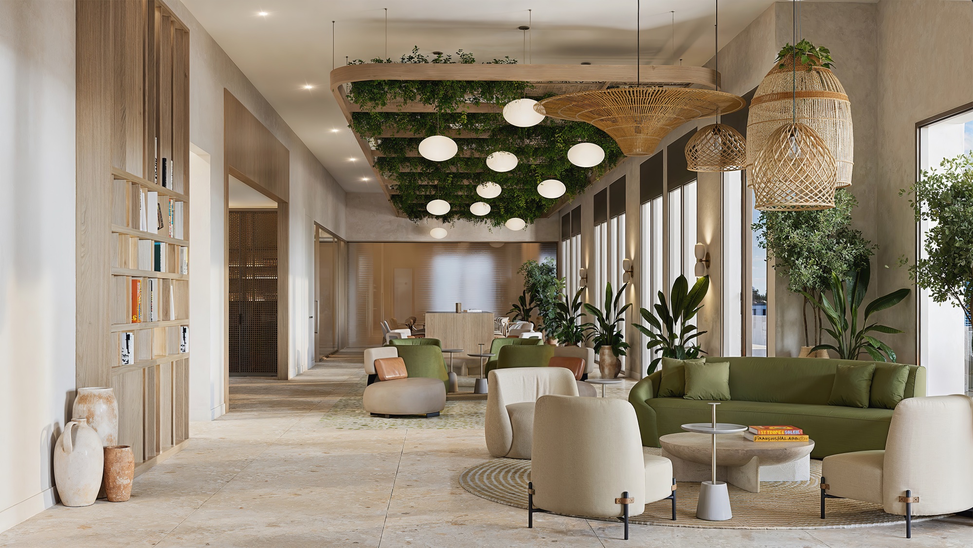 Coworking lounge with private conference room and fast Wi-Fi.
