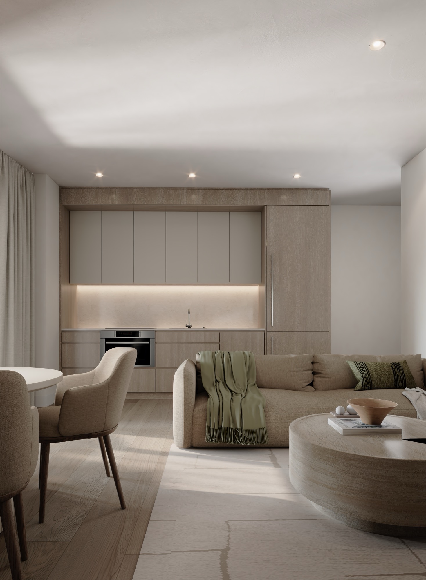 PARKSIDE residence living room — open-concept with floor-to-ceiling glass and a glass-railed balcony framing Simpson Park.