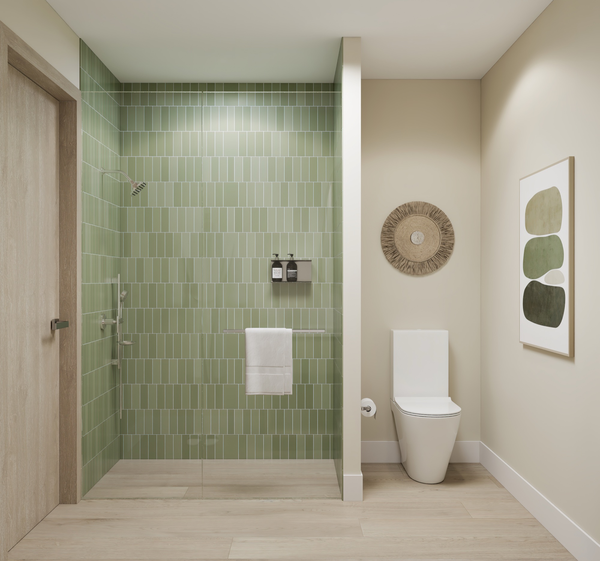 Frameless glass shower with Kohler fixtures and Italkraft vanity.