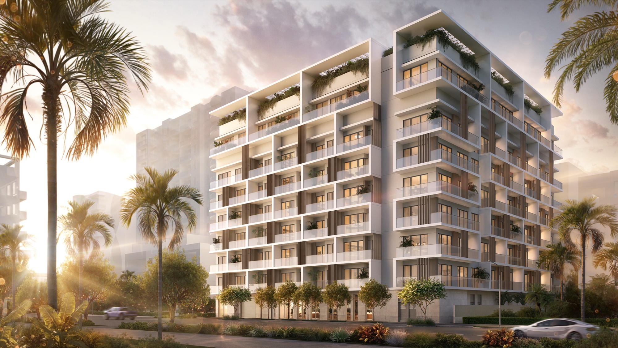 PARKSIDE Residences at Brickell — Kobi Karp 8-story boutique building elevation at dusk.